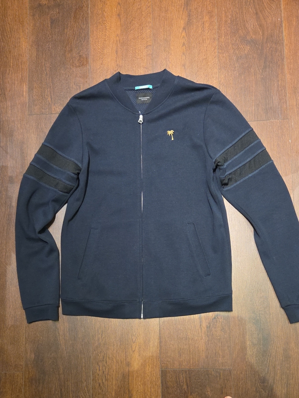 Scotch & Soda Navy Zip-Up Bomber Jacket with Gold Palm Emblem